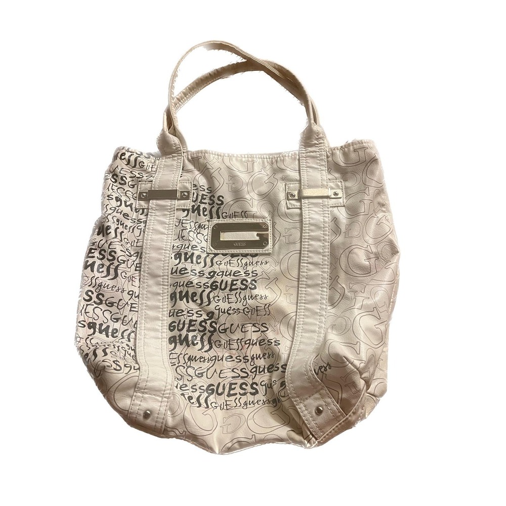 Guess Logo Print Tote Bag Cream Faux Leather Silver G Hardware Y2K Style